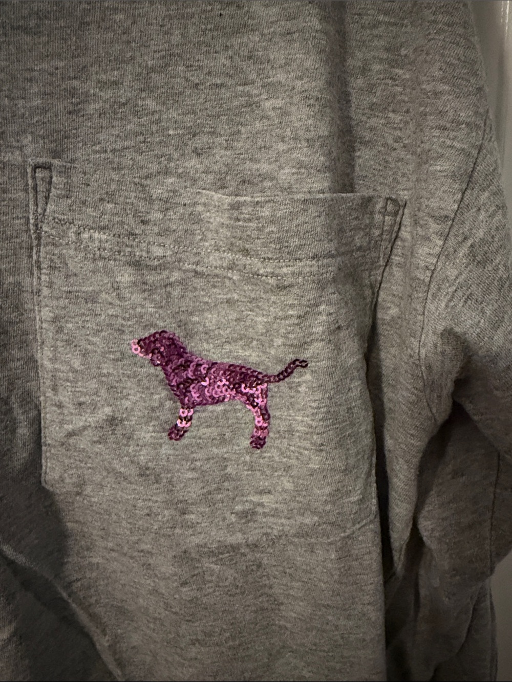 PINK Victoria's Secret Gray Long Sleeve Pocket Tee with Pink Dog Logo - Picture 2 of 4
